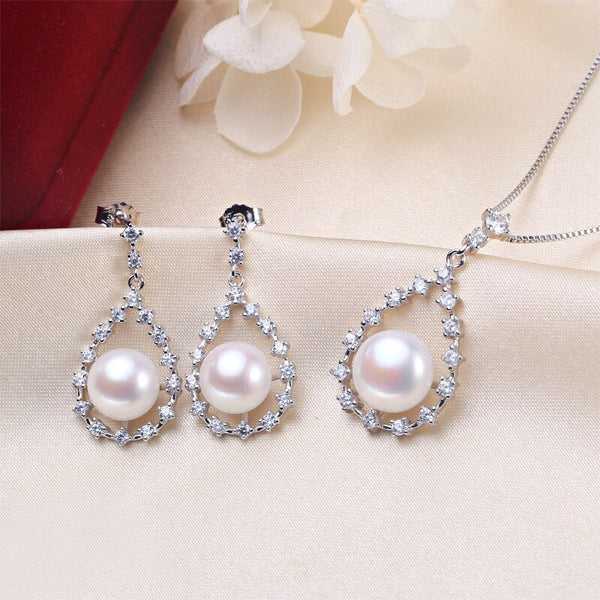 Conjunto de joyería de perlas finas de plata de ley 925, collar y pendientes de perlas de agua dulce naturales auténticas.