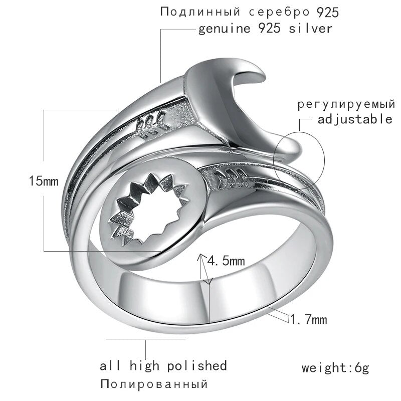 Genuine Pure 925 Sterling Silver Cool Wrench Ring Men
