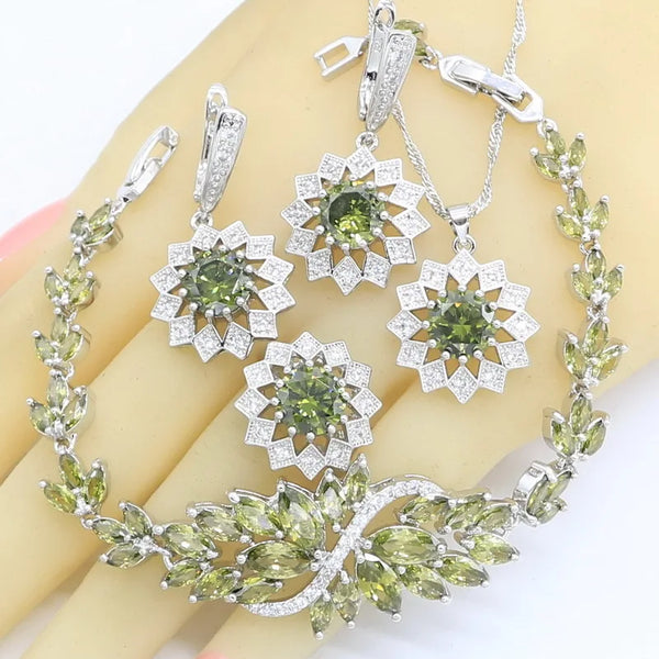Olive Green Zircon Silver Color Jewelry Sets For Women