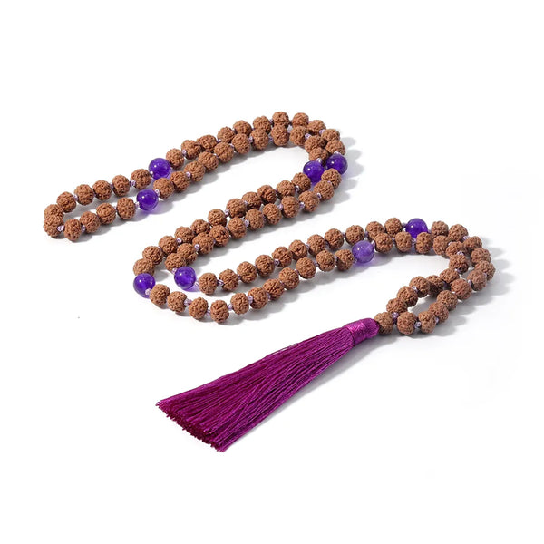 Collar anudado con 108 cuentas de Rudraksha, piedra natural, marcador para meditación y yoga.