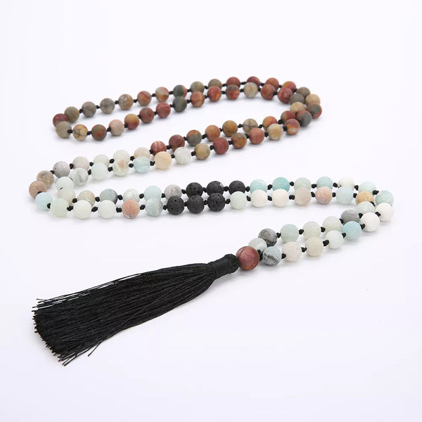 Collar Mala 108 de 8 mm con cuentas de chakras de largo, piedra natural, declaración de meditación, japa, yoga, rosario budista