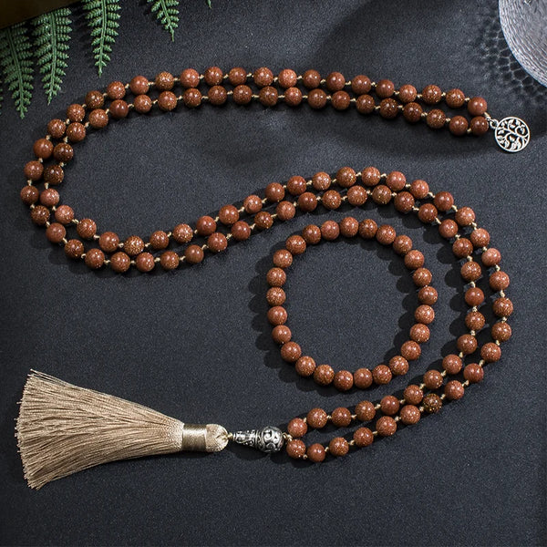 Collar de japamala con cuentas de arenisca natural de 8 mm para meditación, yoga y sanación espiritual.