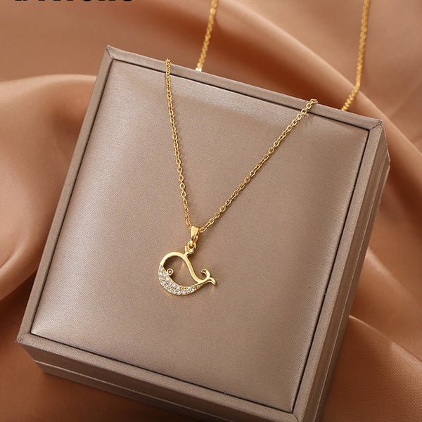 316L Stainless Steel Cute Whale Pendant 2 Colours Shiny Beautiful Zircon Woman