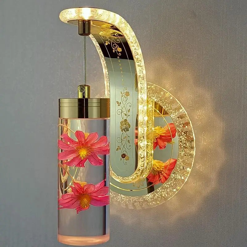 New Bedside Wall Lamp Bedroom 3 Color Dimming Luxury Flower Crystal Amber Mirror Light