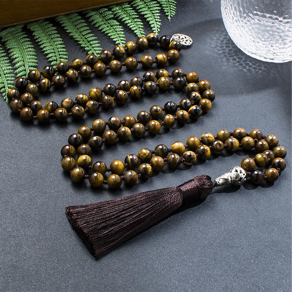 Collar de japamala de ojo de tigre amarillo natural de 8 mm, conjunto de joyas para meditación y yoga