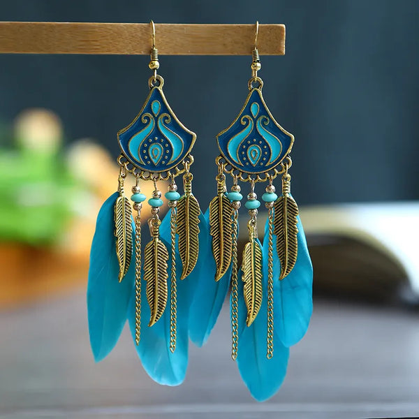 Pendientes de plumas étnicas bohemias para mujer
