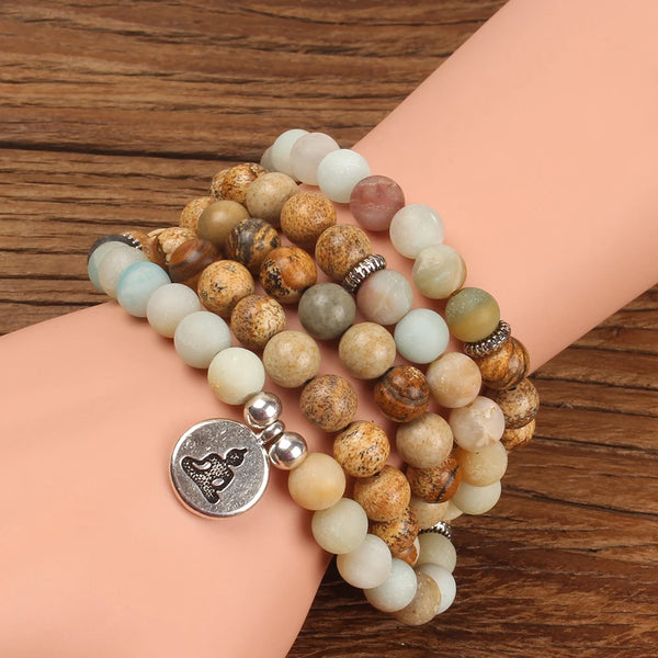 Pulsera elástica con 108 cuentas Mala y piedras semipreciosas para hombre y mujer