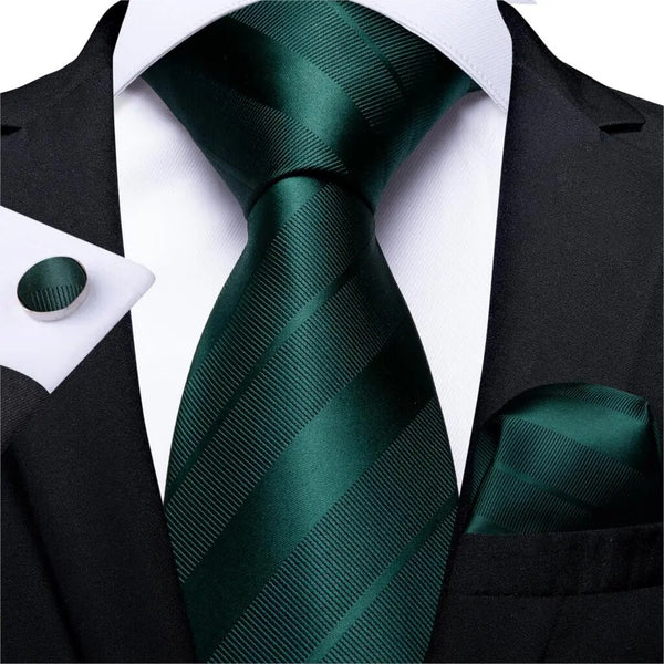 Corbata de hombre verde lisa a rayas para boda, pañuelo, gemelos y corbata de seda.