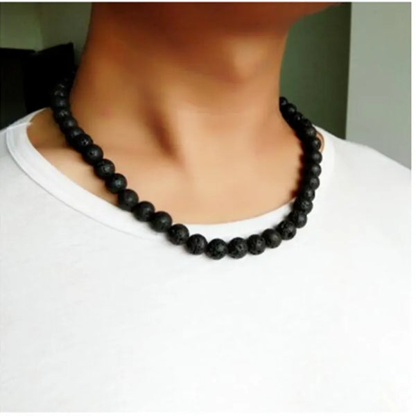Collar moderno para hombre, gargantilla de cuentas de roca con piedra de lava negra de 6/8 mm y ojo de tigre amarillo