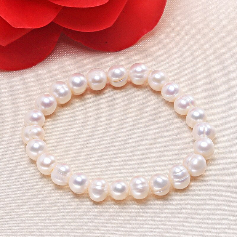 White 8-9mm Baroque Natural Freshwater Pearl Strand Bracelet For Women