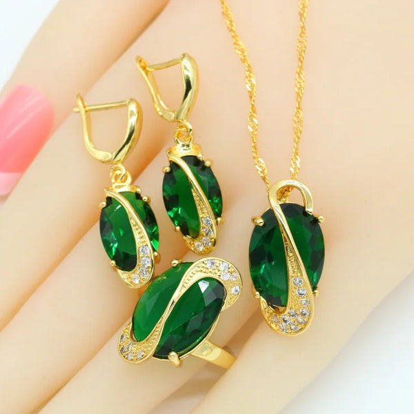 Big Green Blue Semi-precious Gold Color Jewelry Set for Women