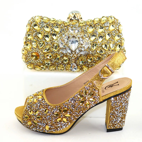 Conjunto de zapatos y bolso africanos dorados para fiesta, conjunto de zapatos y bolso de boda nigerianos para mujer.