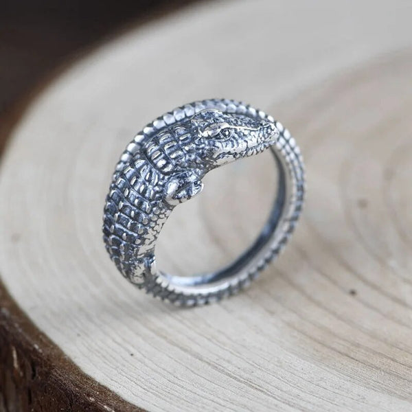 Anillo de cocodrilo de plata de ley 925, ajustable, con diseño de cocodrilo.