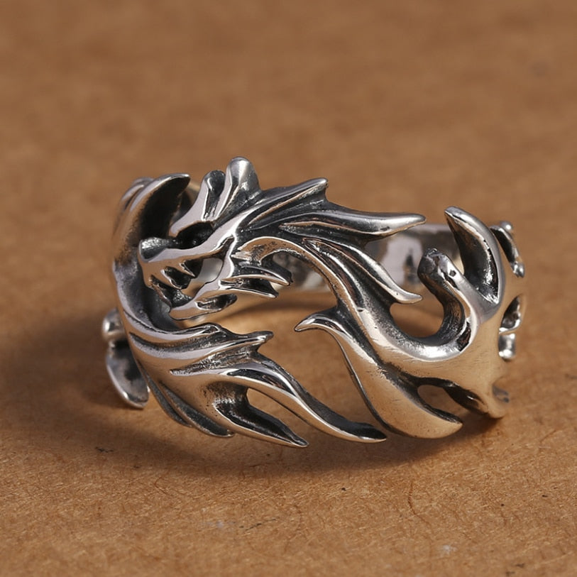 Real Silver Personalized Hollow Dragon Open Ring Men Women