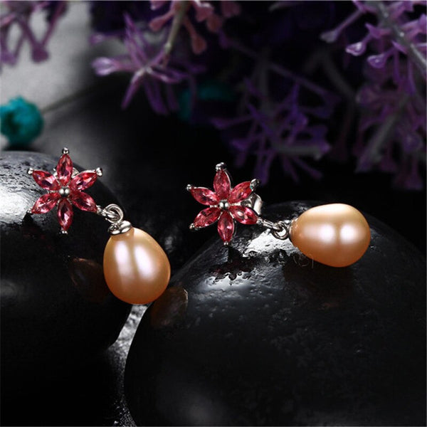 Flower Created Ruby Dangle Earrings 925 Sterling Silver Earrings For Women