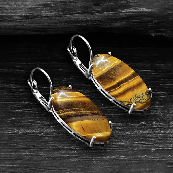 Pendientes grandes de ojo de tigre natural con forma de ojo vintage para mujer