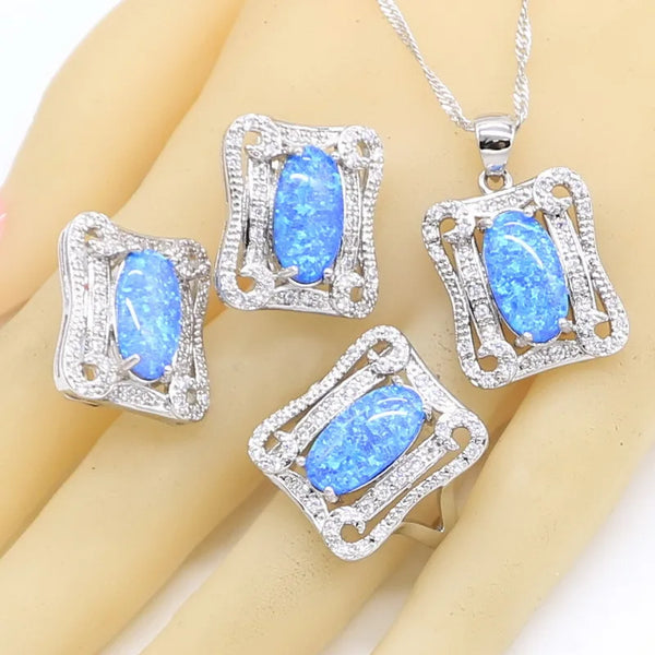 Blue Opal Wedding Necklace Pendant Hoop Earrings Rings Jewelry Sets