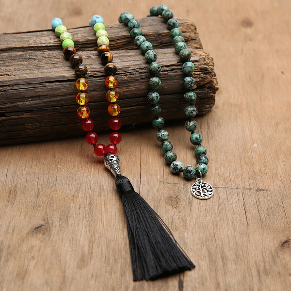 Collar de 108 cuentas mala anudadas a mano, rosario de piedra natural, joyería para meditación, yoga y oración.
