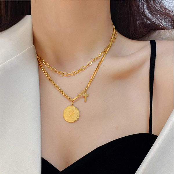 Collar retro de doble capa con retrato romano estilo coreano de acero inoxidable 316L