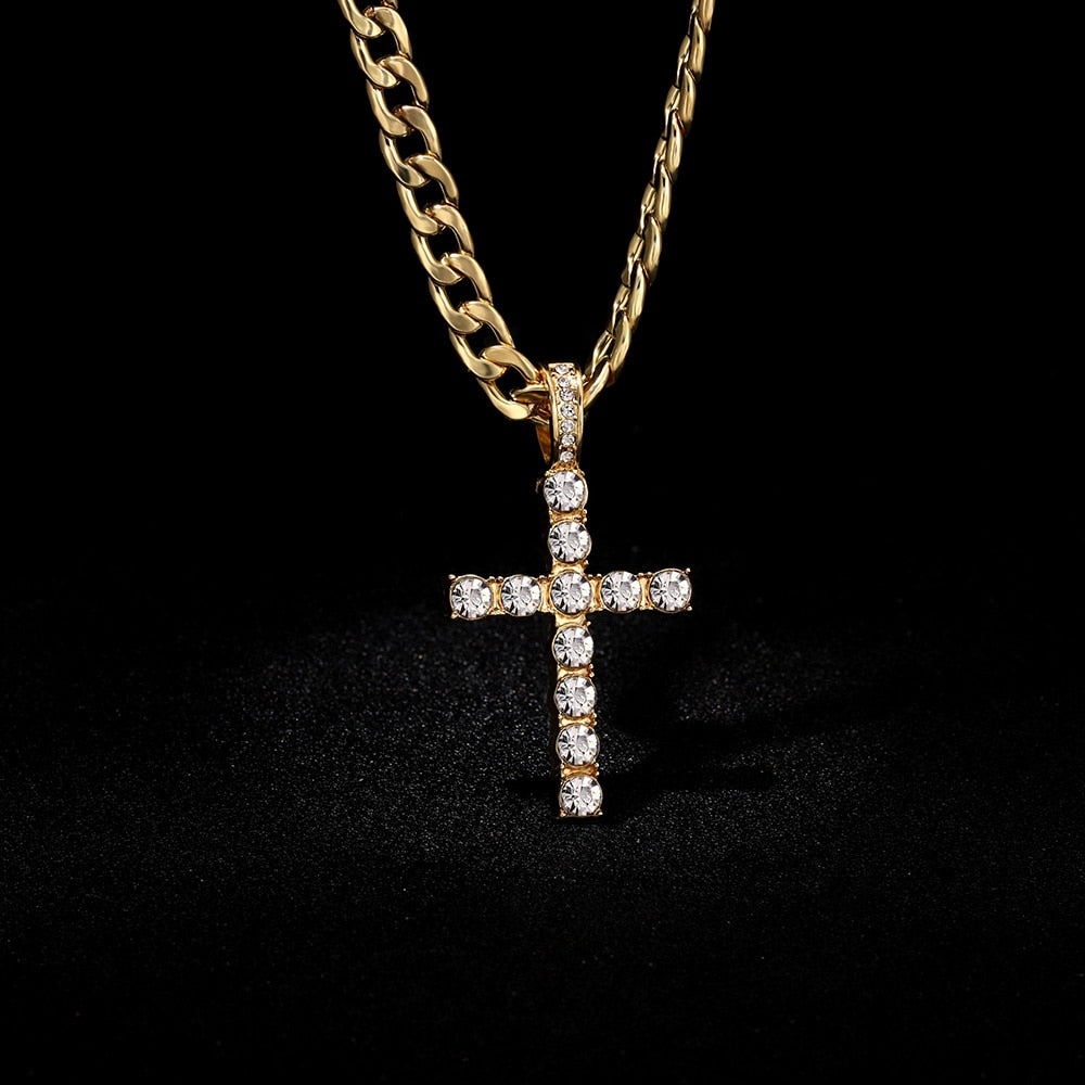 Men  Hip Hop Cross Pendant Necklace With 4mm Zircon Tennis Chain