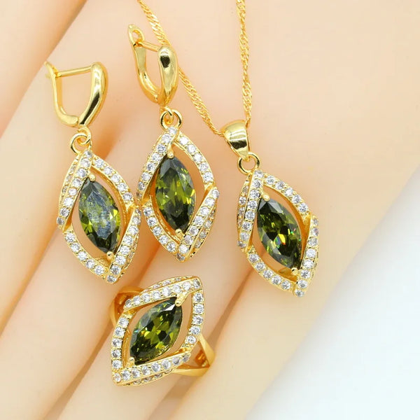 Olive Green White Zirconia Gold Color Jewelry Sets for Women