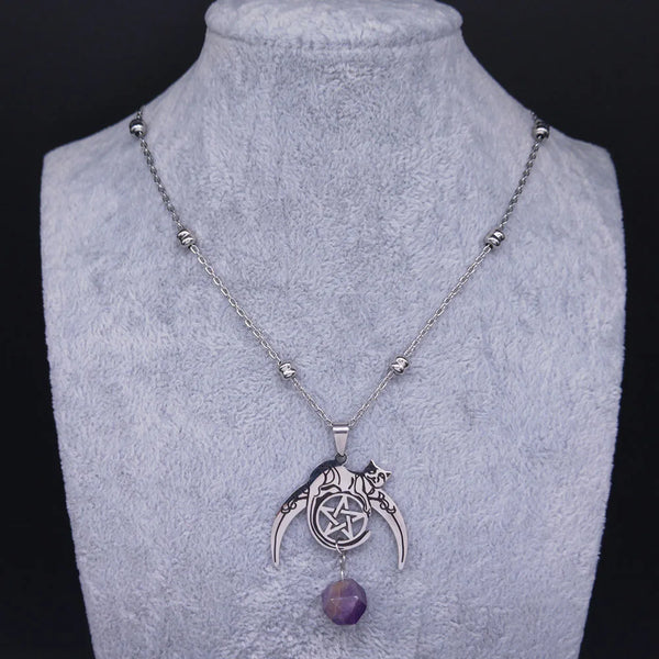 Collar con colgante de gato, luna, pentagrama y brujería, de acero inoxidable, color plata, para hombre y mujer.