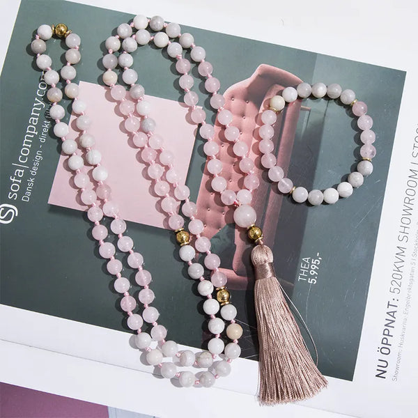 Collar de japamala de meditación con cuentas de ágata loca blanca de cuarzo rosa de 8 mm anudadas 108
