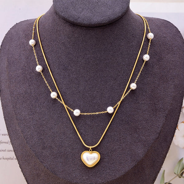 316L Stainless Steel Hot French Elegant Pearl Gentle Love Double-layer Pendant Necklace For Women