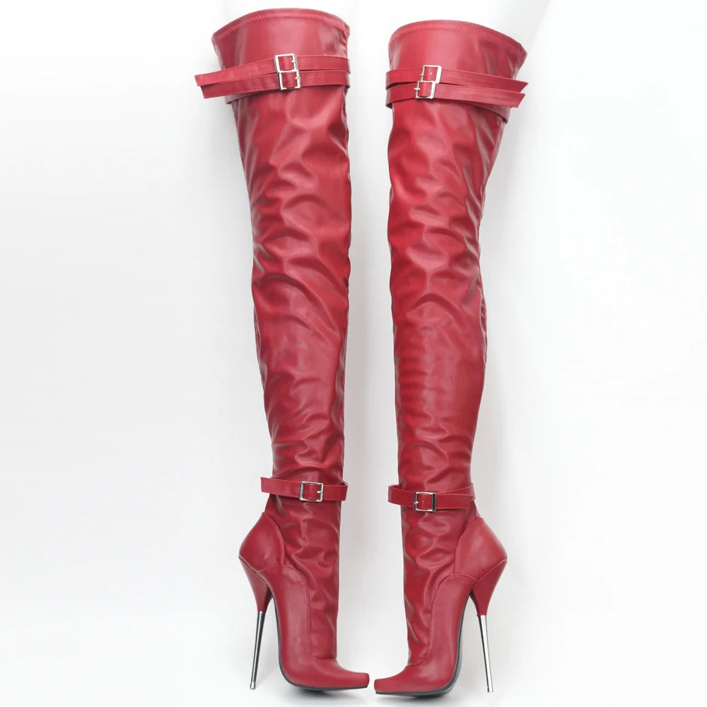 7" Metal Heel Ballet style Corset Strap Thigh Boots