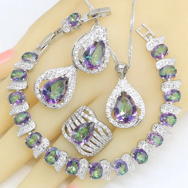 Multi Color Rainbow Zircon Bracelet Hoop Earrings Rings Necklace Pendant Wedding Gift