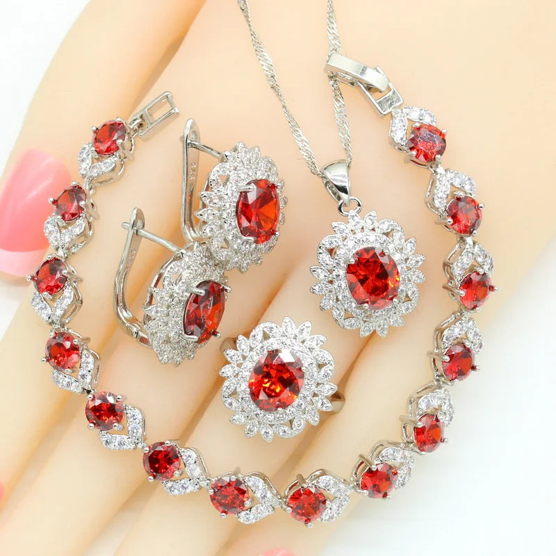 Red Zirconia Dubai Silver Color Jewelry Sets For Women