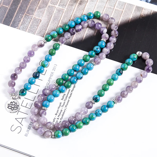 Pulsera elástica de 8 mm con cuentas de amatista, fénix y lapislázuli para meditación.