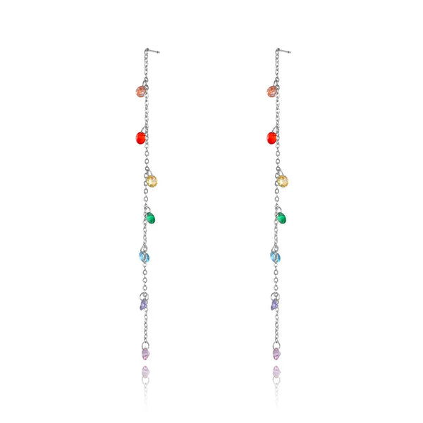 Pendientes de borlas de cristal de circonita cúbica de colores brillantes de acero inoxidable y titanio