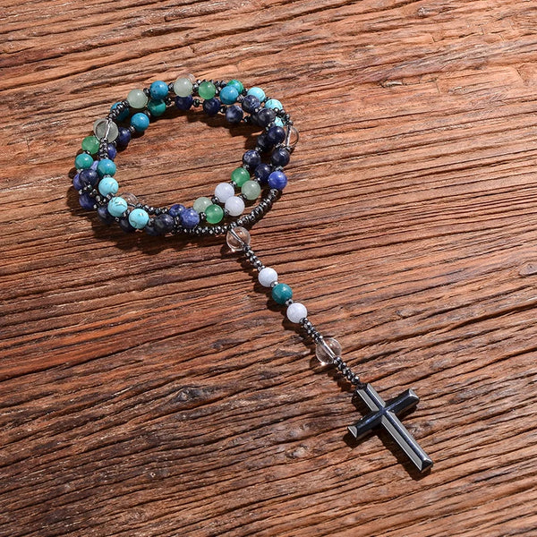 Collar con colgante de hematita, cuentas de mala, lapislázuli, fénix, sodalita natural, cruz católica, rosario, Cristo