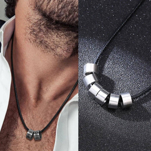 COLLAR DE CUERO TRENZADO CON CUENTAS DE TUBO Y NOMBRE PARA HOMBRE