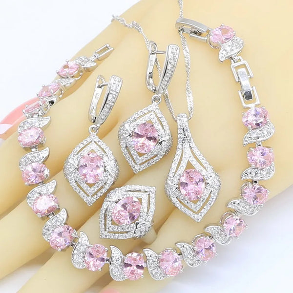 Geometric Pink Zircon  Silver Color Jewelry Sets for Women