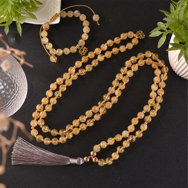 Collar de japamala de citrino natural 108, conjunto de pulsera y rosario para meditación, yoga y bendiciones