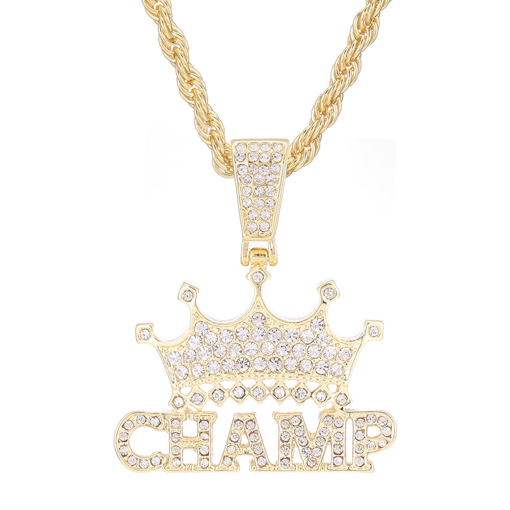 24inch Iced Out CHAMP Crown Pendant Necklace Choker Chain Necklace Women