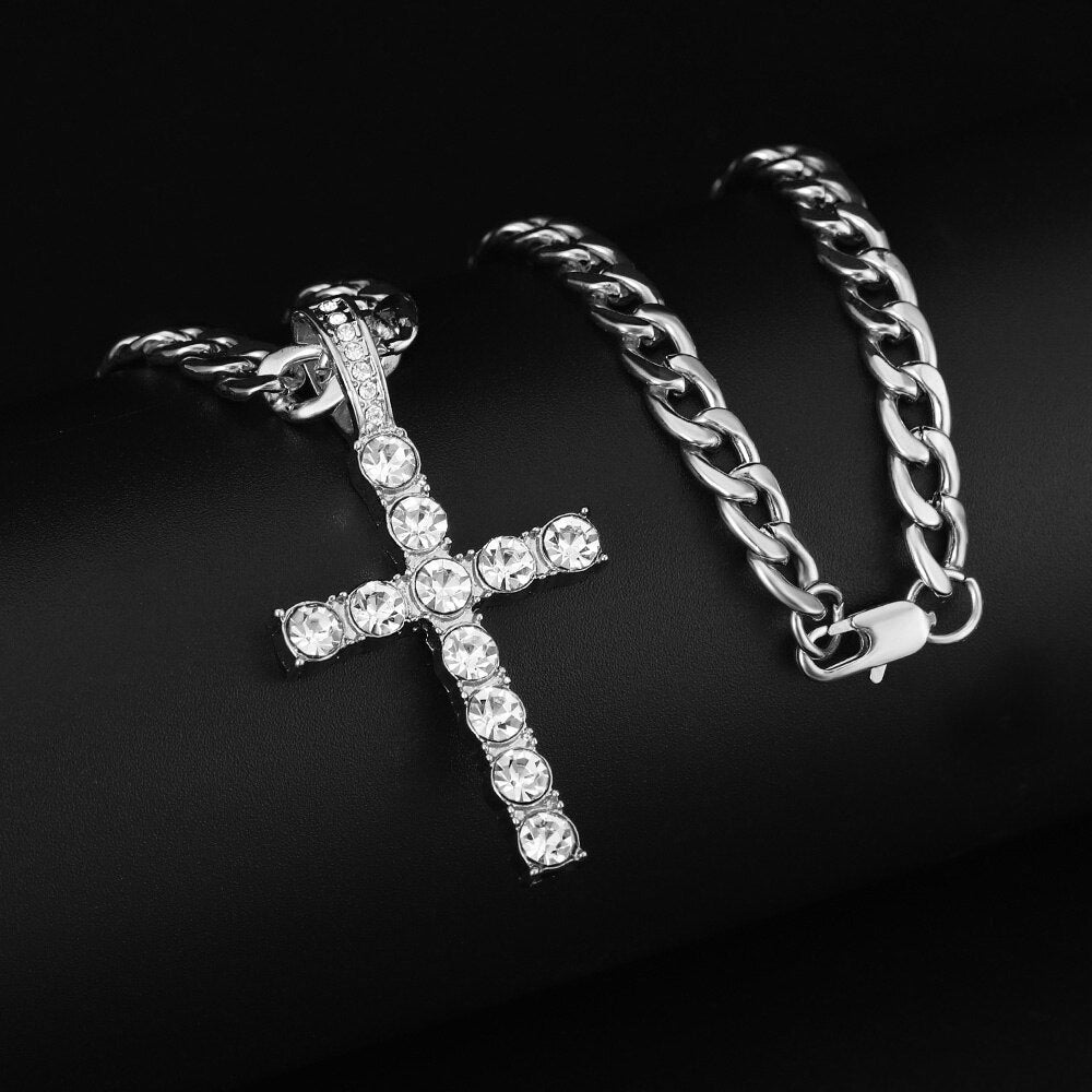 Men  Hip Hop Cross Pendant Necklace With 4mm Zircon Tennis Chain