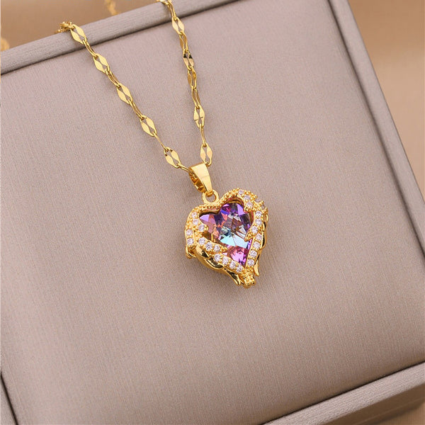 316L Stainless Steel Beautiful Love Heart Amethyst Gold Color Pendant Necklace