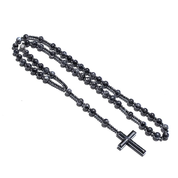 Collar de cuentas de rosario cristiano católico de labradorita negra con colgante de cruz para meditación para hombres y mujeres