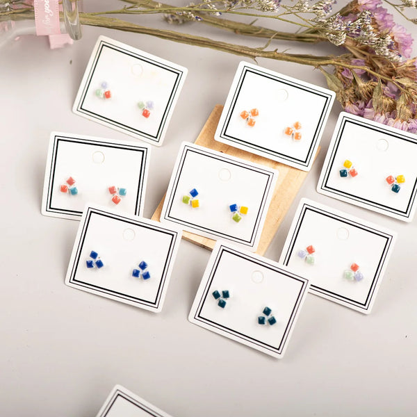Multicolor Small Geometric Square Mosaic Ceramic Flower Earrings