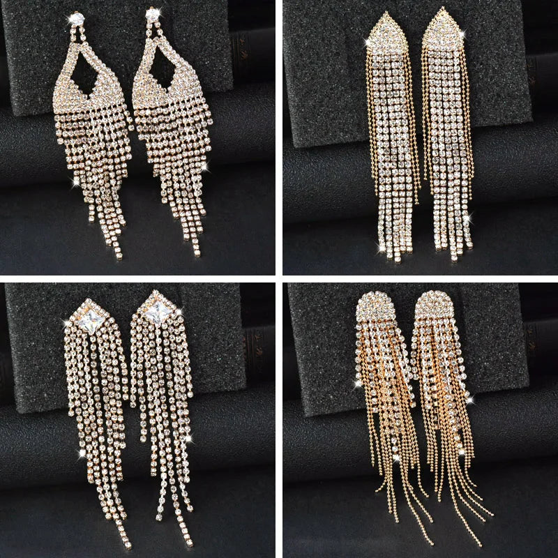 Mix Styles Long Tassel wedding accessories Yellow Gold Color Full Zirconia Bridal Earrings