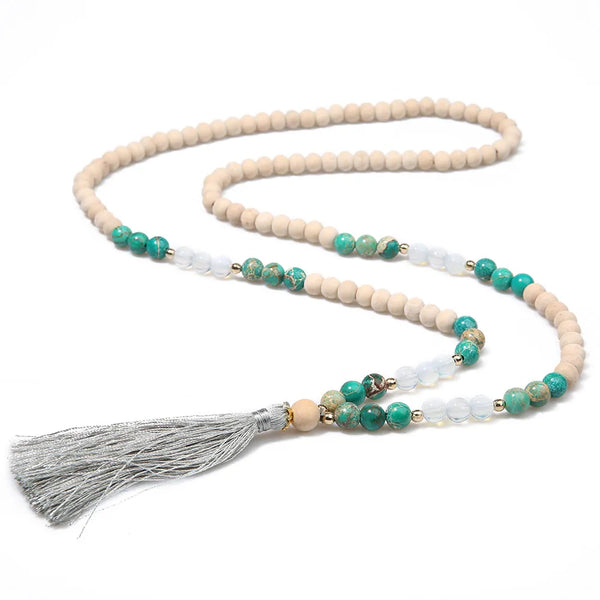 Collar de cuentas de madera de 8 mm con piedra emperador y ópalo, meditación Japamala 108