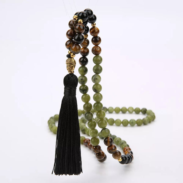 Collar de 108 cuentas Mala de 8 mm de jade del sur y ónix negro con bendición de Japamala