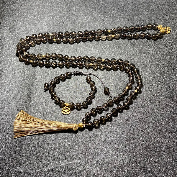 Collar mala anudado con cuentas de cuarzo ahumado natural de 8 mm para meditación, yoga, curación, joyería, conjunto de pulsera