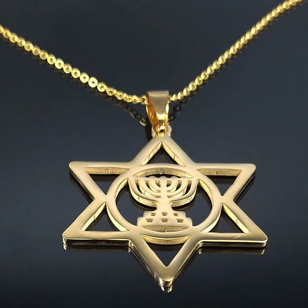 Jewish Menorah Star of David Stainless Steel Necklace