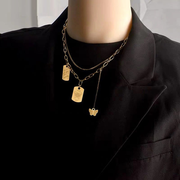 316L Stainless Steel Sweet Cool Butterfly Pendant Beautiful Tassel Thick Necklace