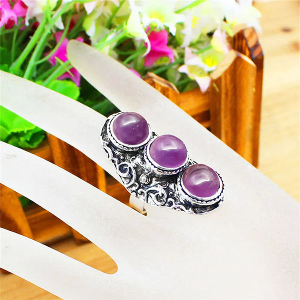 Anillo vintage de amatistas naturales con flor para mujer
