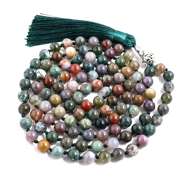 Collar tibetano con borlas anudadas y cuentas de mala de ónix indio de 8 mm para meditación.